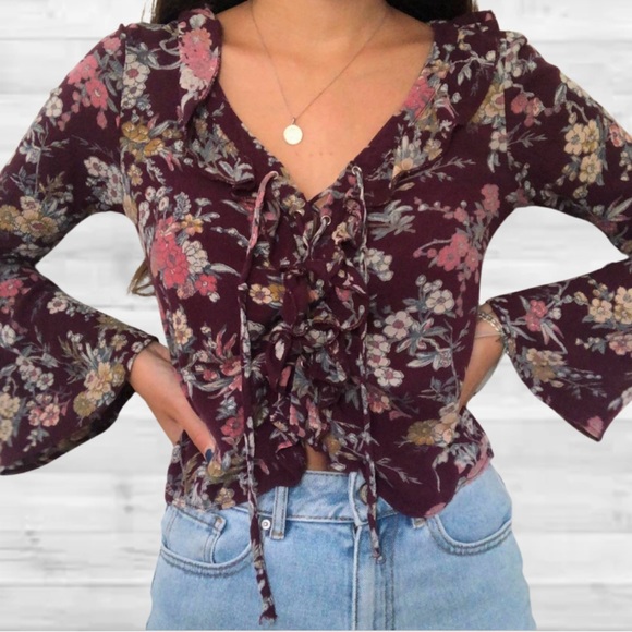 AE Floral Purple Boho Chic Long Sleeve Peasant Blouse, Tie-Up V-Neck, Small - Picture 1 of 9